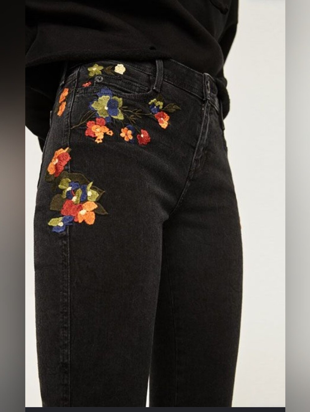 Zara 1975 Denim Mid Rise Black Floral Embroidered Jeans